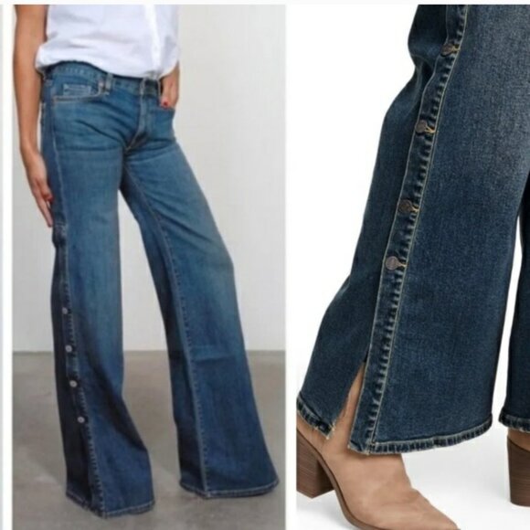 Nili Lotan Denim - Nili Lotan Mid-Blue Wide-Leg Button-Side Jeans